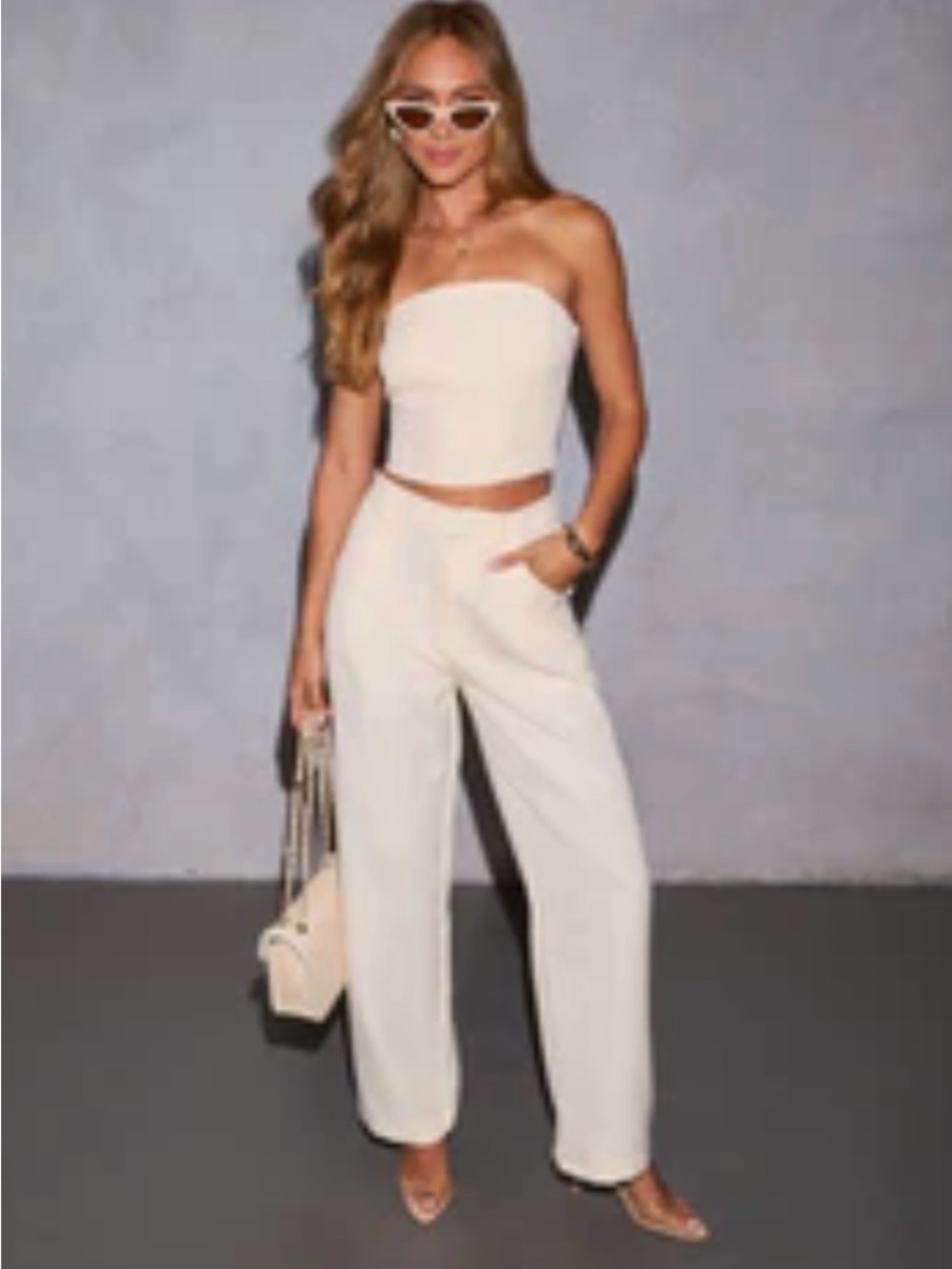 Vici Light Yellow Sun Dazed Linen Strapless Crop Top with Straight Leg Pants Set